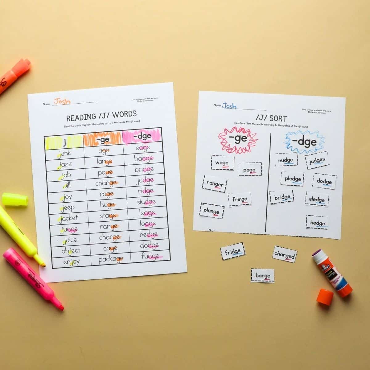 Two printed and completed ge/dge reading worksheets.