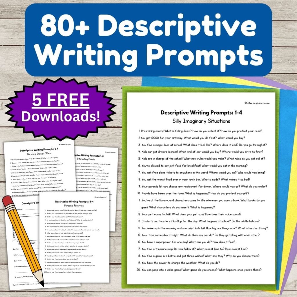 Infographic for 80+ descriptive writing topic prompts printables.