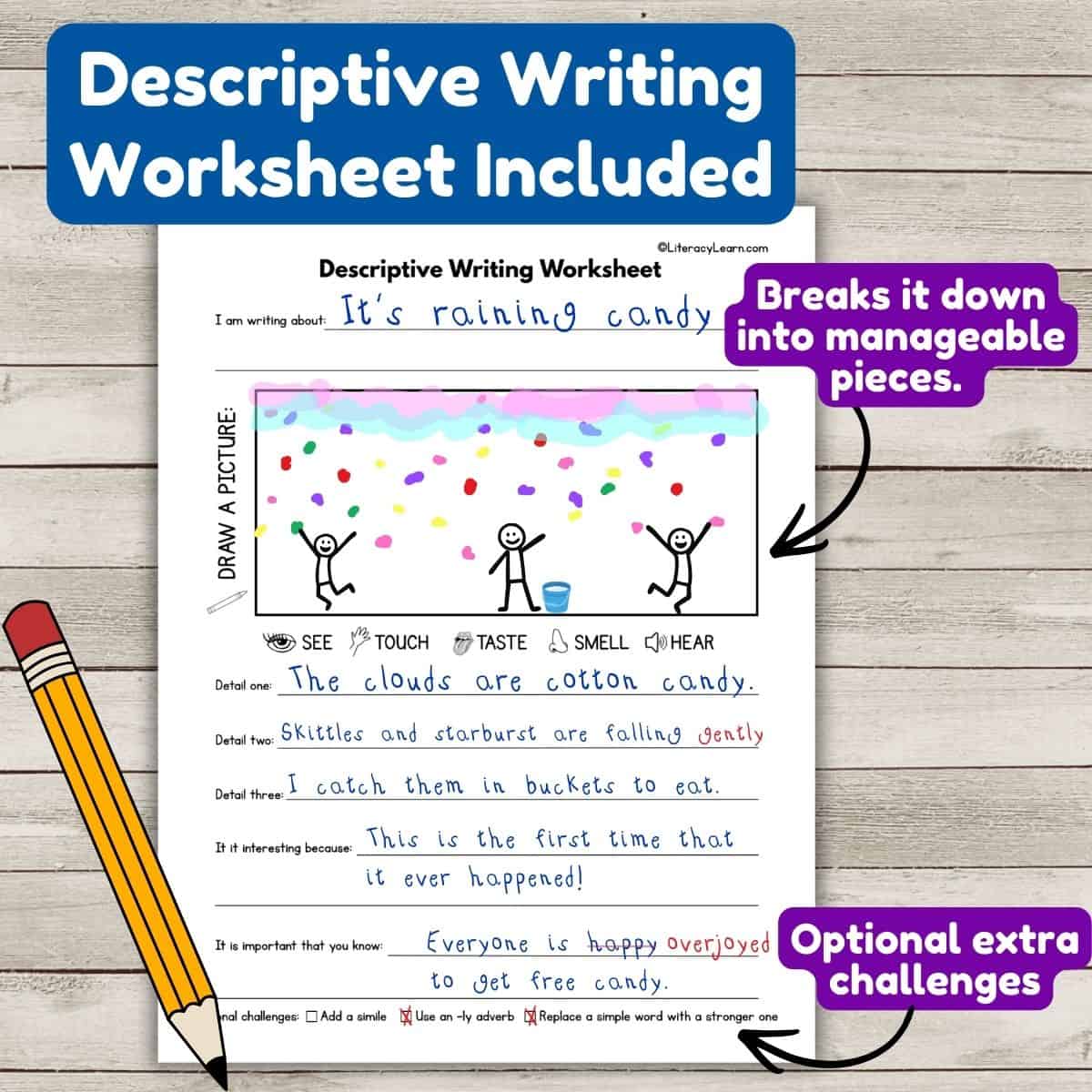 Graphic with a completed descriptive writing prompt worksheet.