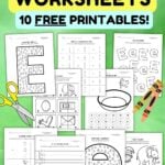 Graphic with 10 free printable letter e worksheets.