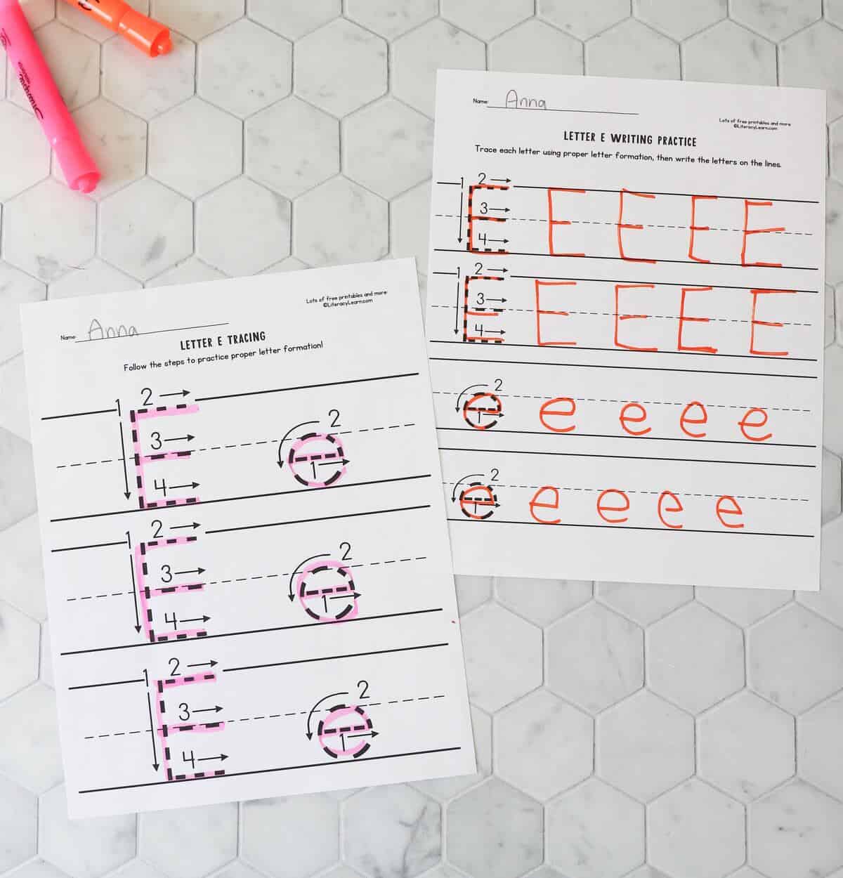 Two printed letter e tracing worksheets.