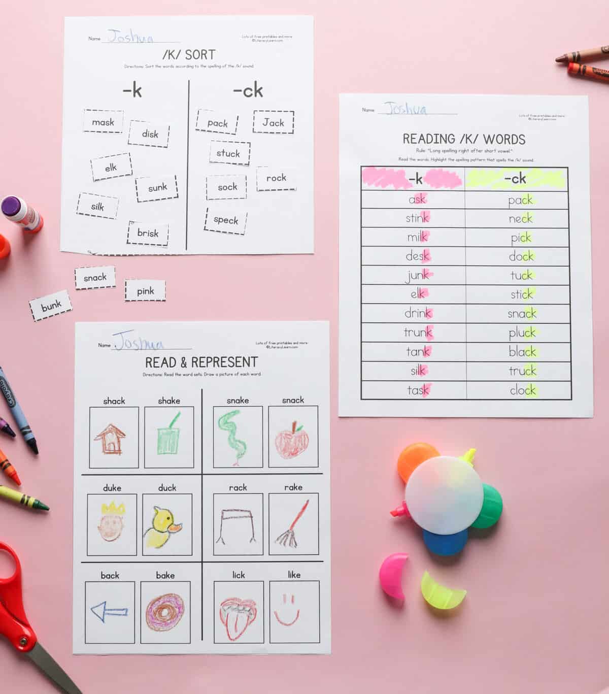 Three printed and completed /k/ sound reading worksheets.