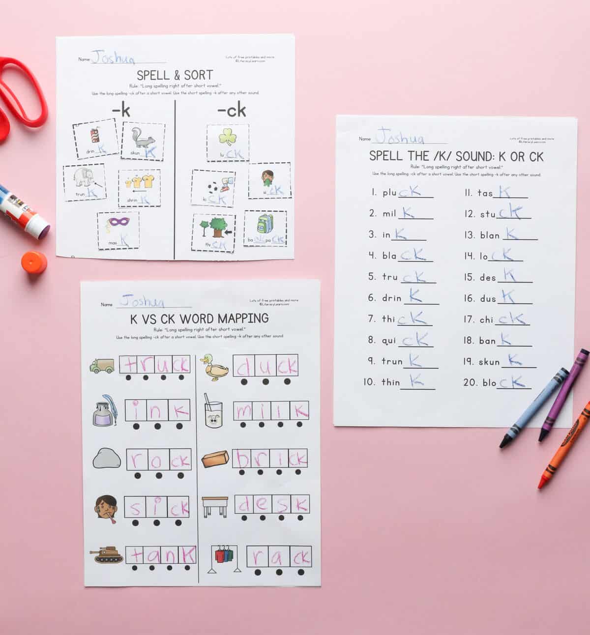 Three printed and completed /k/ sound spelling worksheets.