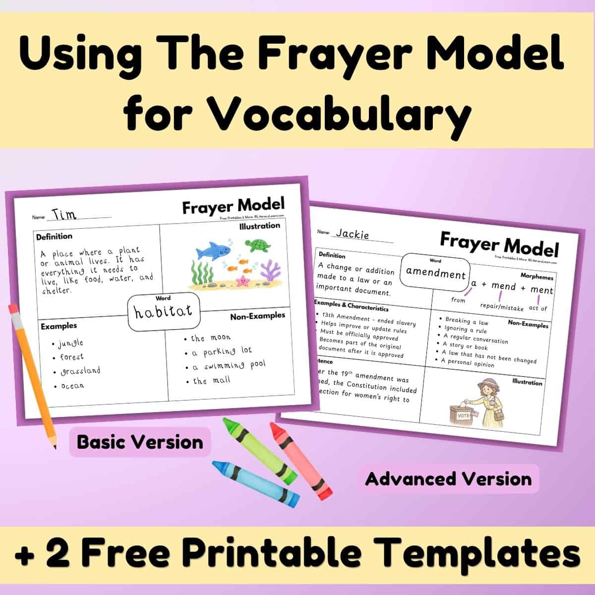Cover photo showing the Frayer model two free printables.