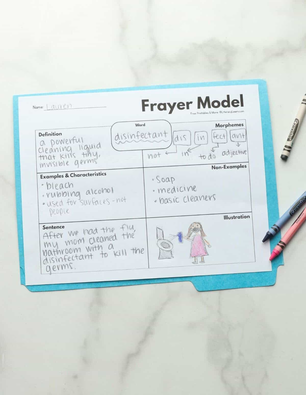 A printed and completed advanced Frayer Model morphology printable for the word "disinfectant."