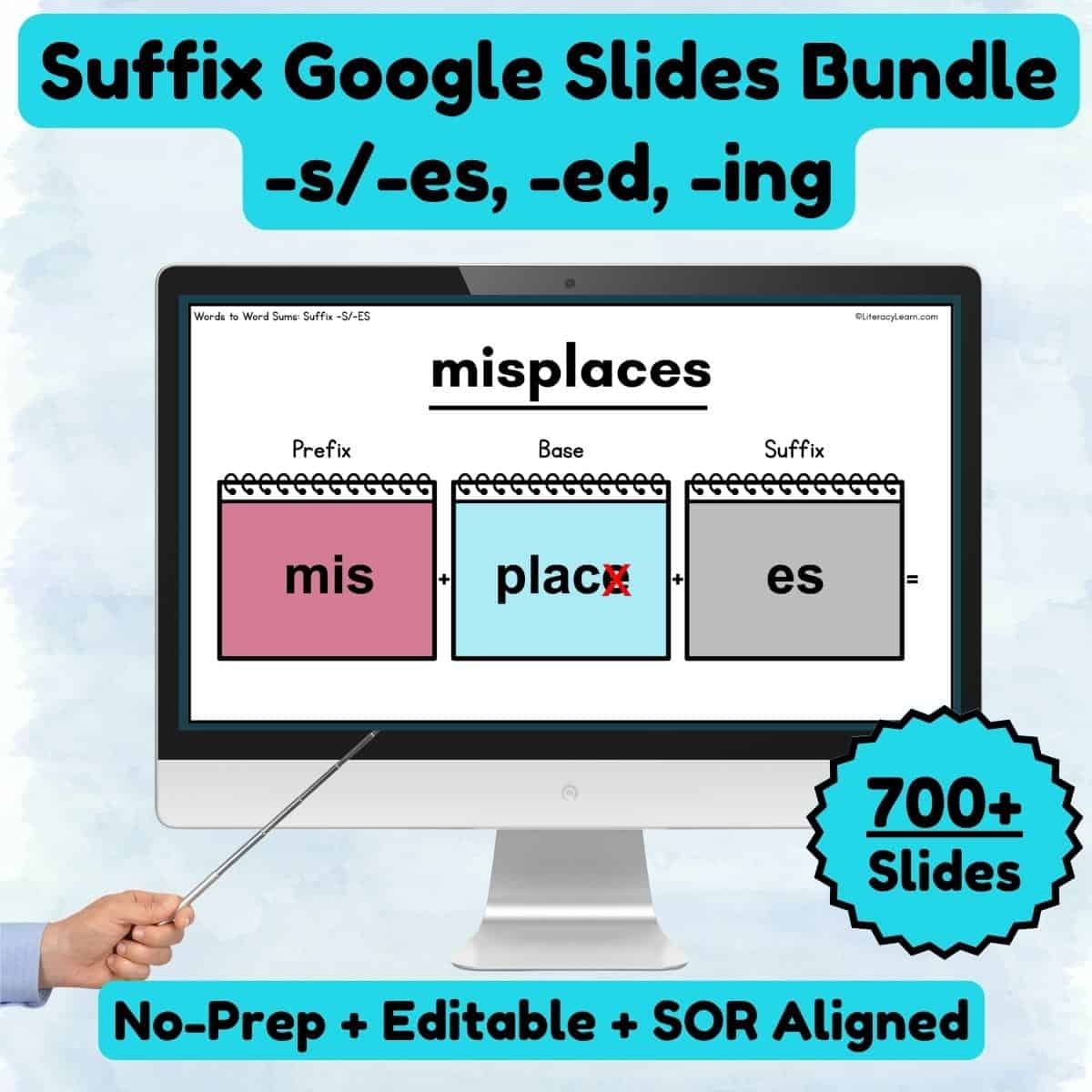 Graphic showing "Suffix Google Slides Bundle" with a computer and word sum for morphology.