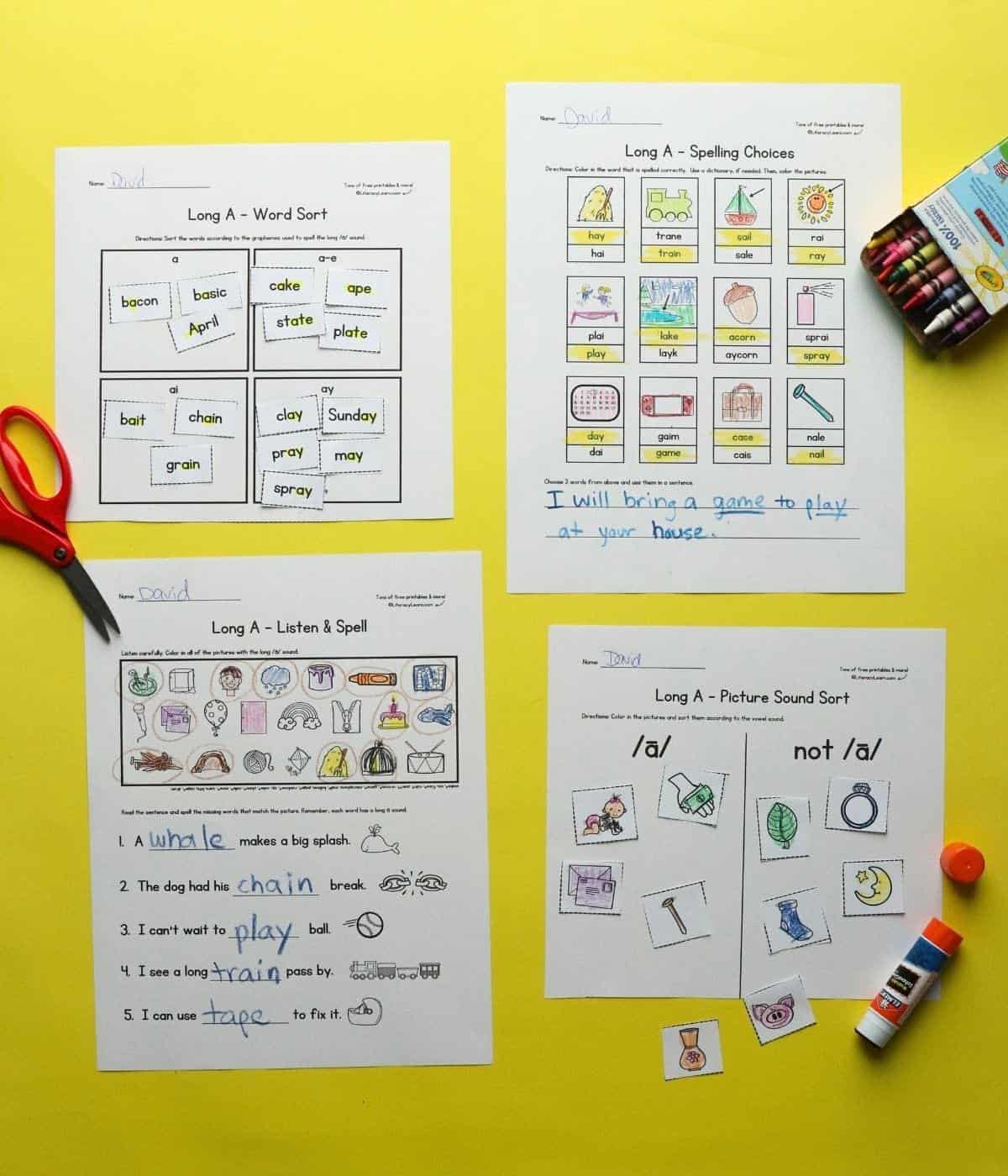 Photo showing all four long A worksheets.