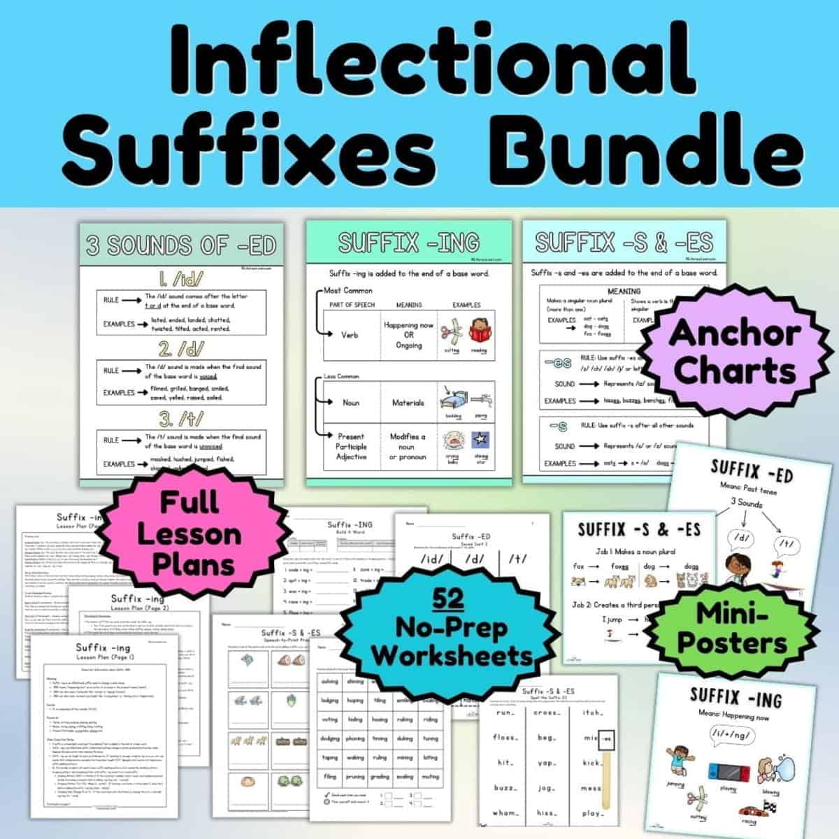 Graphic showing inflectional suffix posters, anchor charts, worksheets, graphics, and more.
