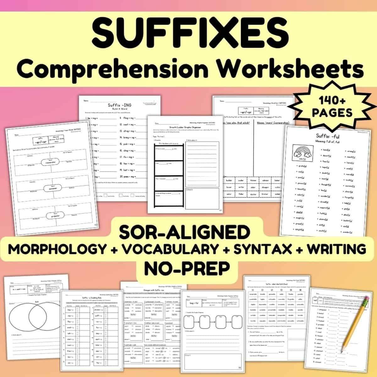 Graphic showing the no-prep suffix worksheets.