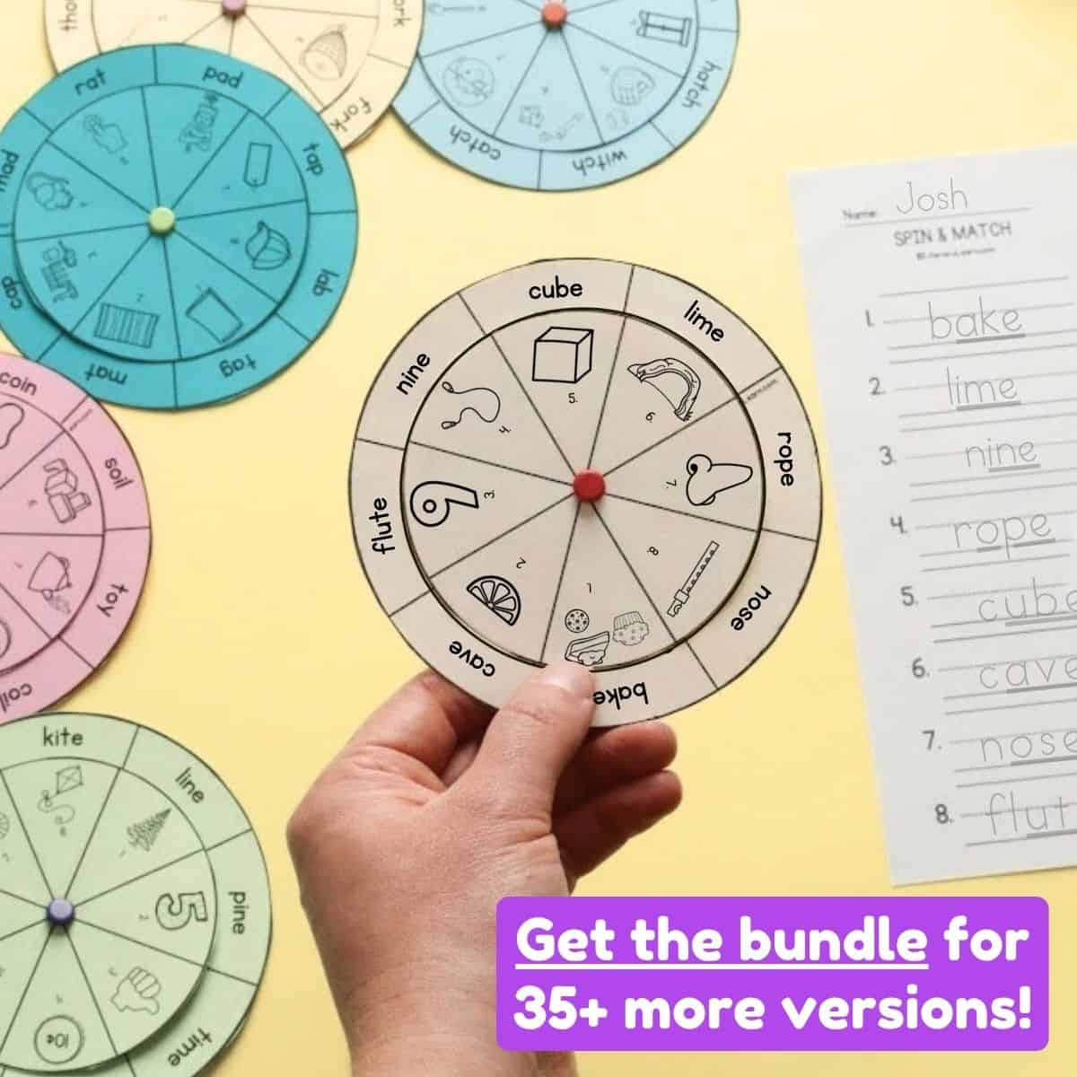 A hand holding the silent e decoding wheel with an answer key.