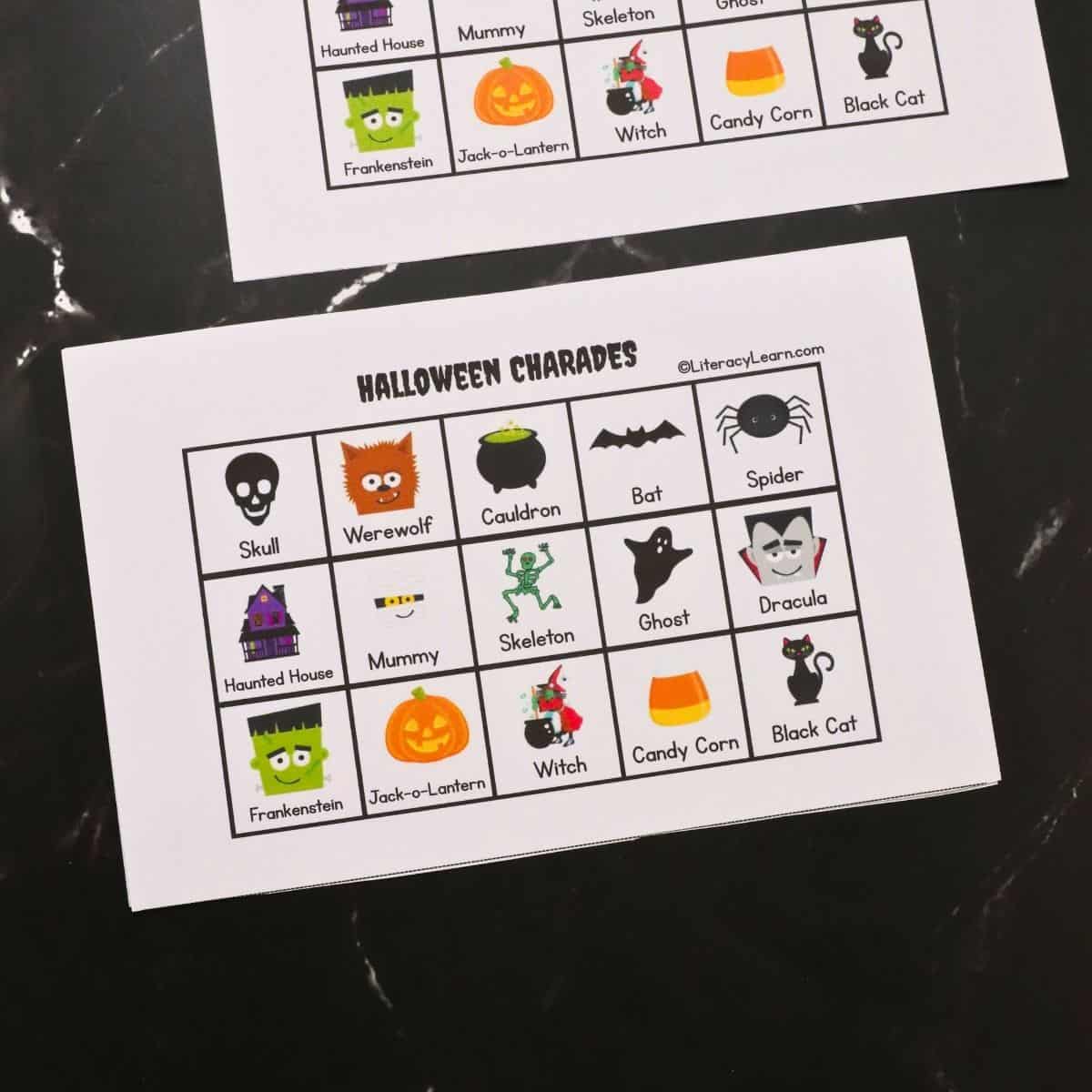 A printed Halloween Charades Character Sheet.