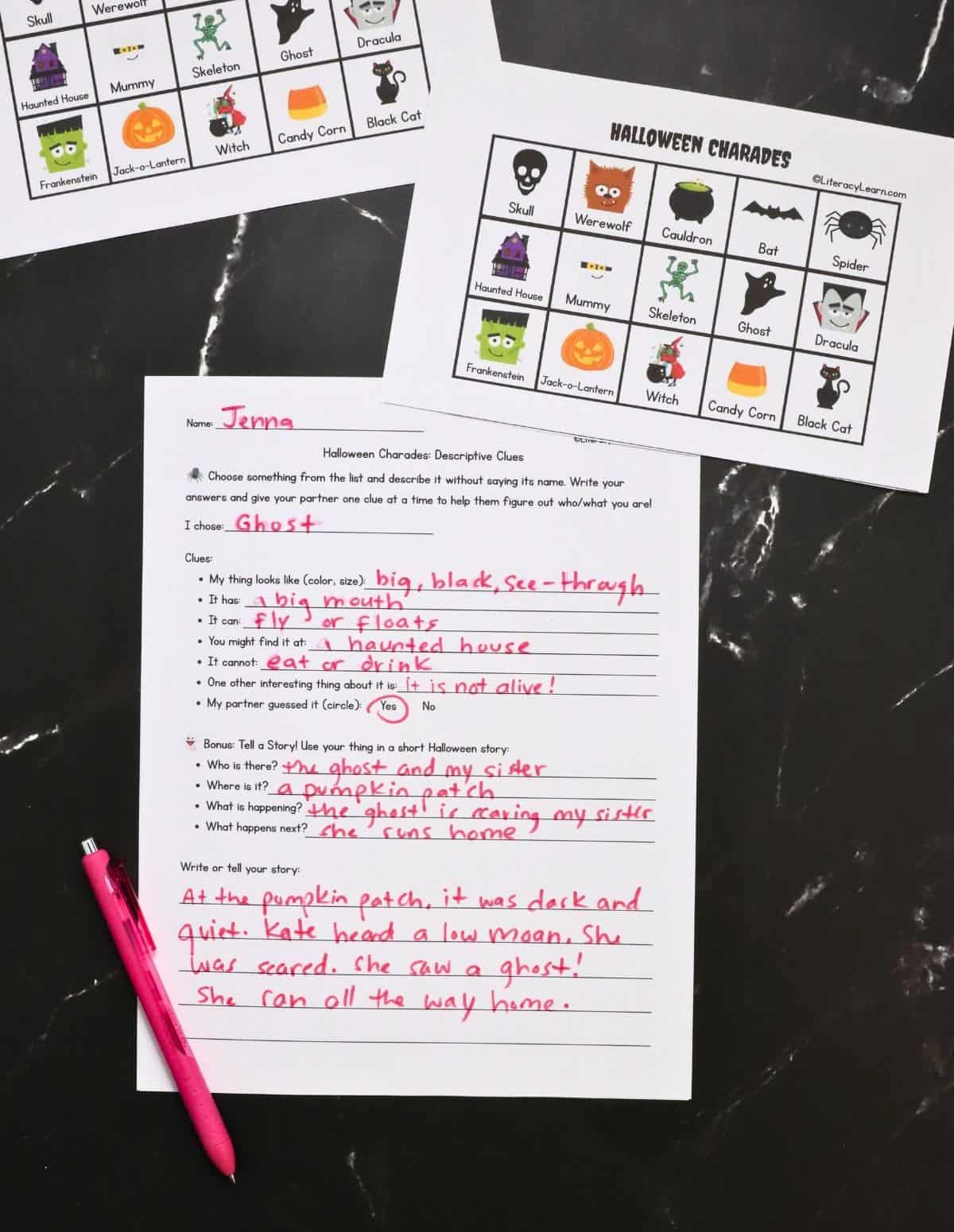 A printed and completed Halloween Charades Worksheet."