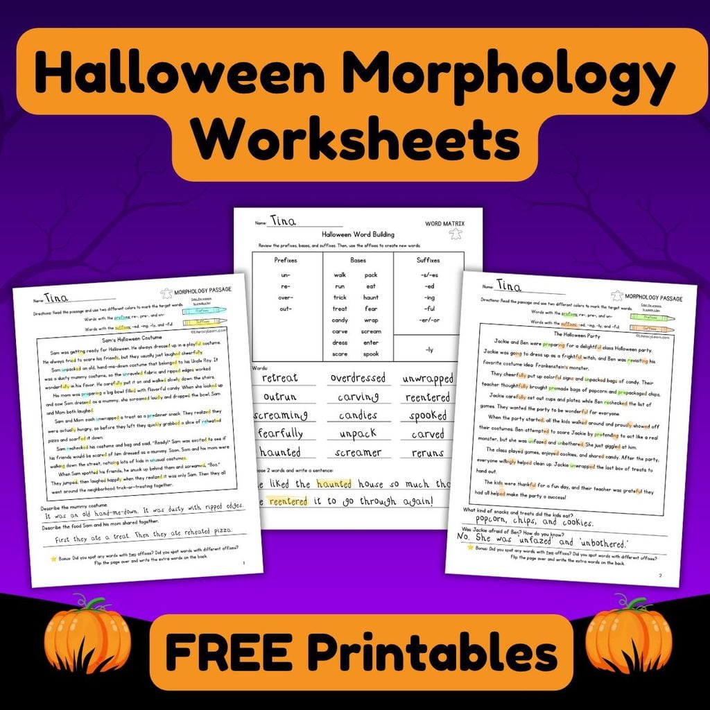 Festive graphic with title "Halloween Morphology Worksheets" with pictures of the printables and pumpkins.