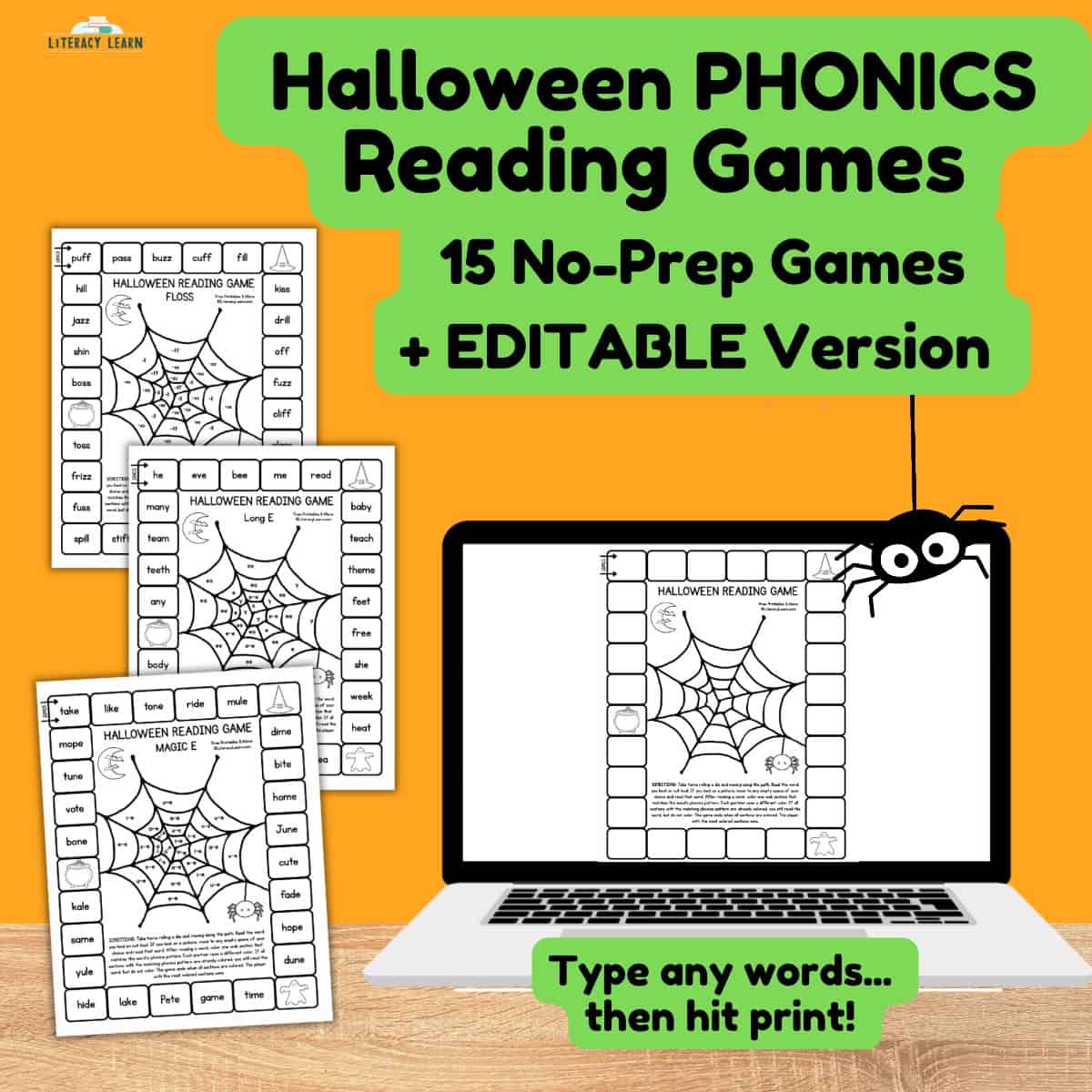 Orangle graphic entitled "Halloween Reading Games" showing the printables plus a computer with editable version.