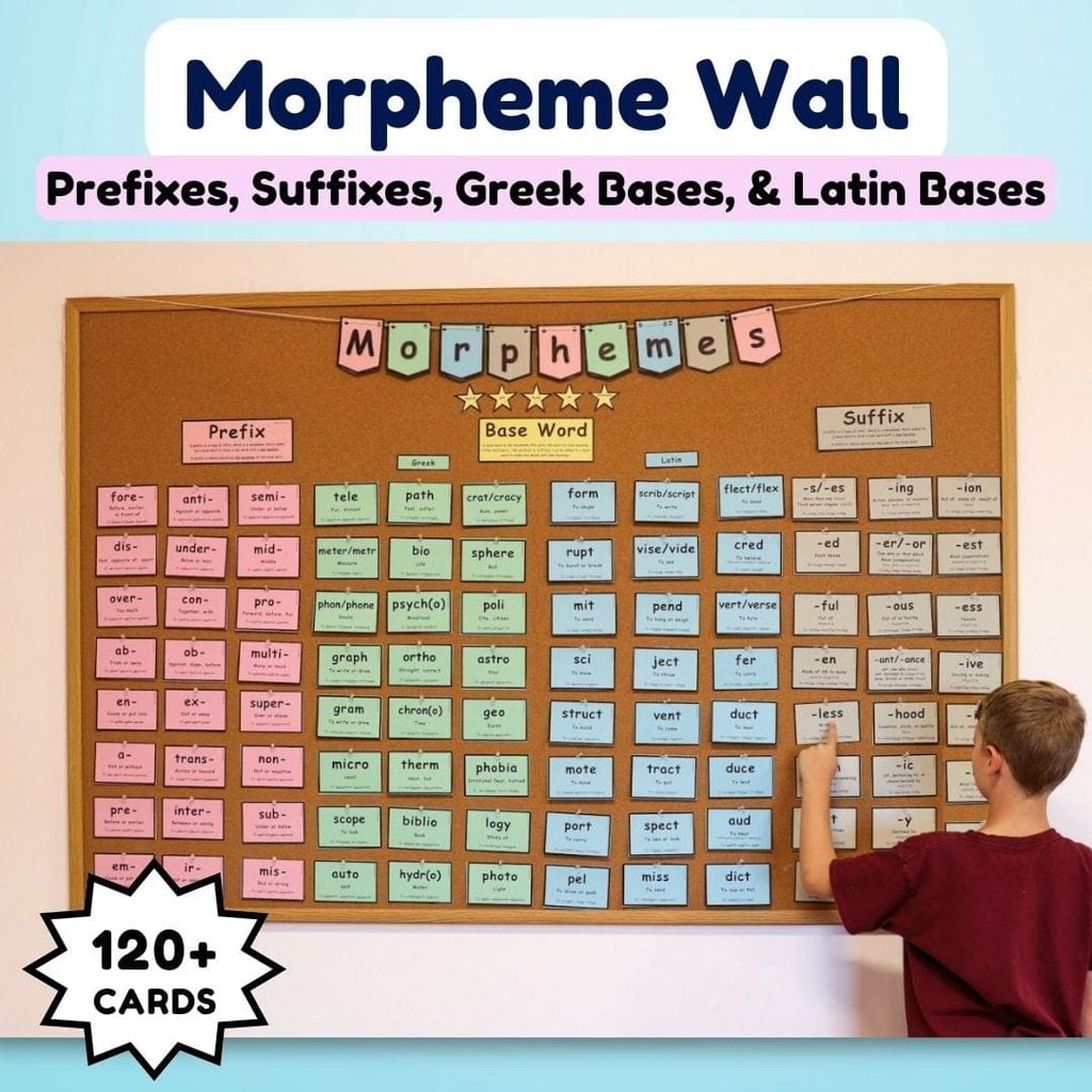 Photo of a boy pointing to the morpheme wall.
