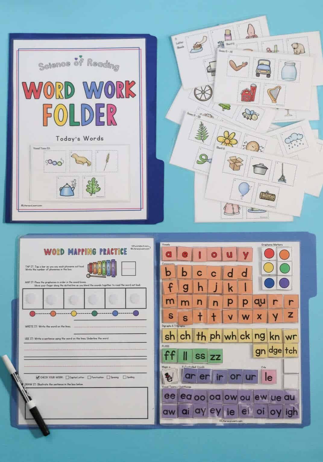 A word work folder with marker and printed phonics skills picture pages.